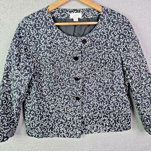 Ann Taylor LOFT Cropped Black White Swirl Blazer 12 Mod Lined Buttons Jacket